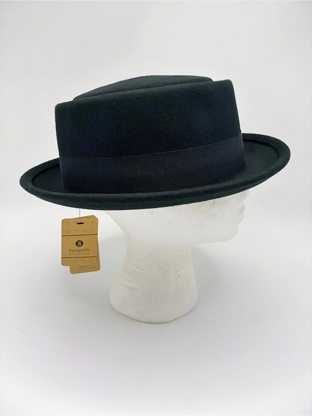 Samplife 100% Wool Felt Pork Pie Hat Black Flat Top Derby Bow Band Size Large NW